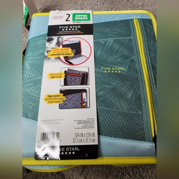 Five Star Multi Pocket 2” Zipper Binder Yellow & Green 530 Sheet Capacity