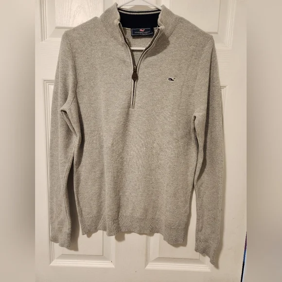 Vineyard Vines Men's 1/4 Zip Sweater Size L‎ Gray Pullover Whale Logo Cotton