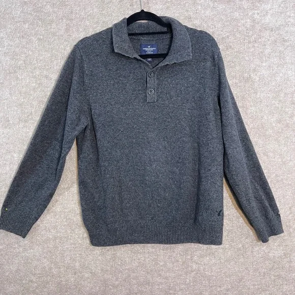 American Eagle Sweater Mens Large Gray Cotton Mock Neck Button Pullover Preppy