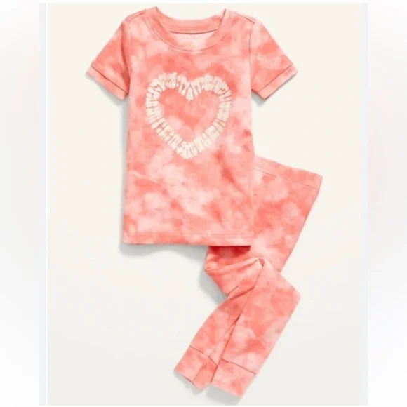 Old Navy Pink Heart Tie Dye Print 2 Piece Pajama PJ Set Toddler Girl’s Size 6T