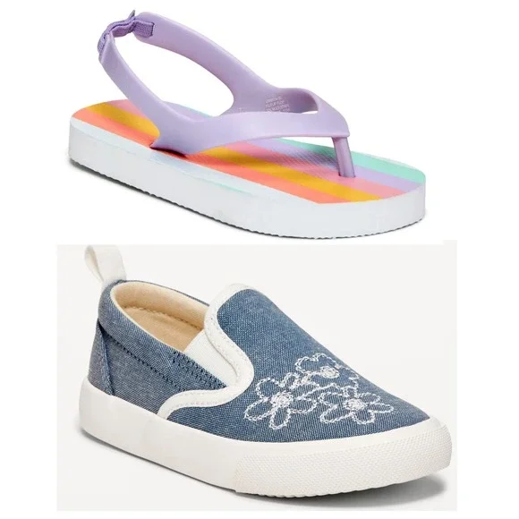 Old Navy 2 Pairs Toddler Girl's Shoes: Canvas Slip-on Sneakers & Flip Flops - 11