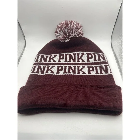 PINK Victoria's Secret‎ Maroon White Beanie Hat Pom Pom OSFM Spell-Out One Size