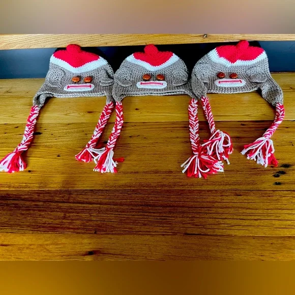 3 Handmade Sock Monkey Hats - Adult One Size