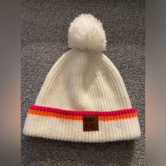 Dunkin Donuts 100% Acrylic White Beanie with Pink and Orange Stripes