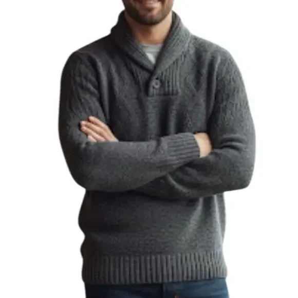 American Eagle Heathered Gray Shawl Collar Sweater Cable Knit Accents Size L