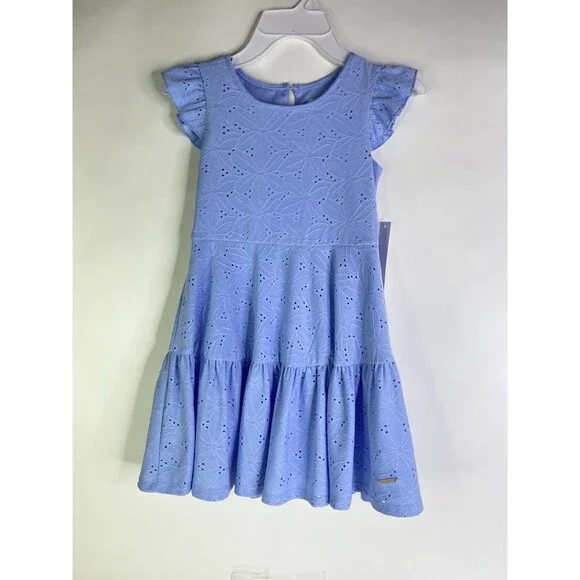 Tahari Girl Lined Fit and Flare Dress Eyelet Blue Girls Size 5