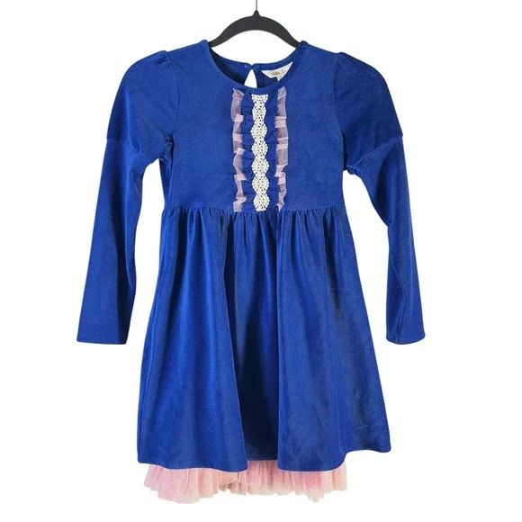 Matilda Jane Girls Sz 8 Blue Clara Heart to Heart Corduroy‎ Ruffle Tulle Dress
