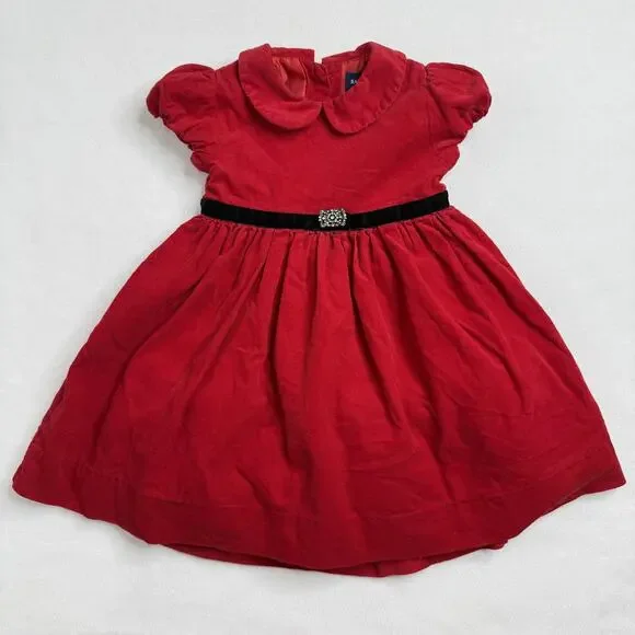Ralph Lauren Dress Girls 12M Red Corduroy Collared Fit & Flare Velvet Belt Party