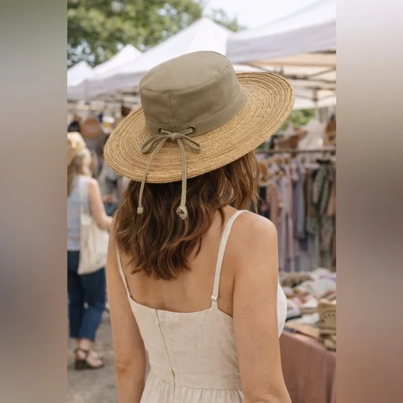 Scala Wide Brim Straw Sun Hat with Olive Crown
