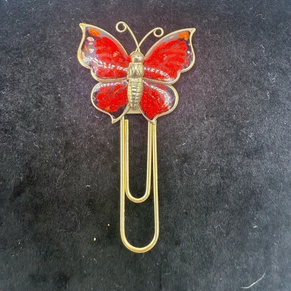 Vintage Enamel Butterfly Bookmark Gold Tone Red Wings Large Paperclip Style