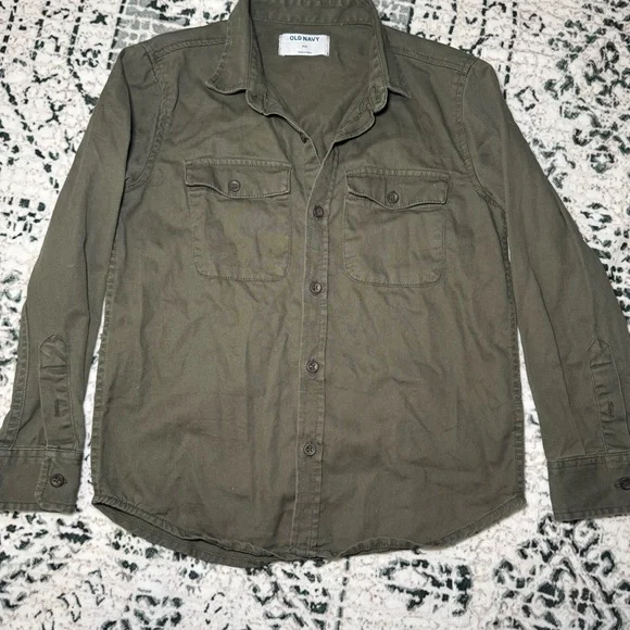 Old‎ Navy Boys Size M 8 Olive Green Cotton Long Sleeve Button Up Shirt Military