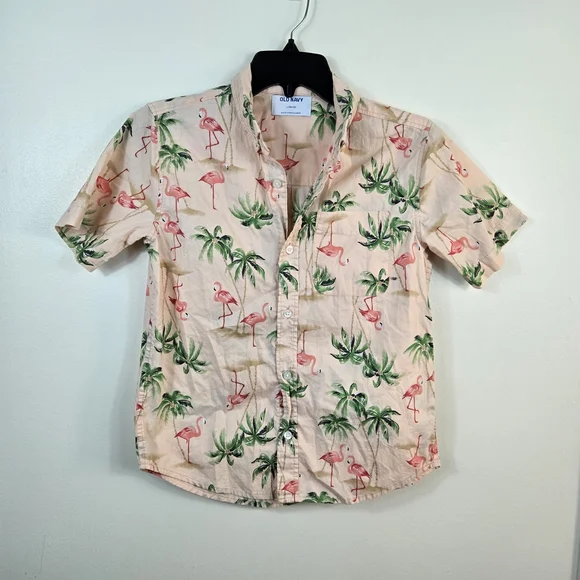 Old Navy Boys Pink Flamingo Palm Tree Short Sleeve Poplin Button Shirt‎ Large