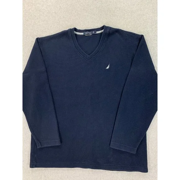 Nautica 100% Cotton V-Neck Midweight Sweater‎ (Men's Large) Blue