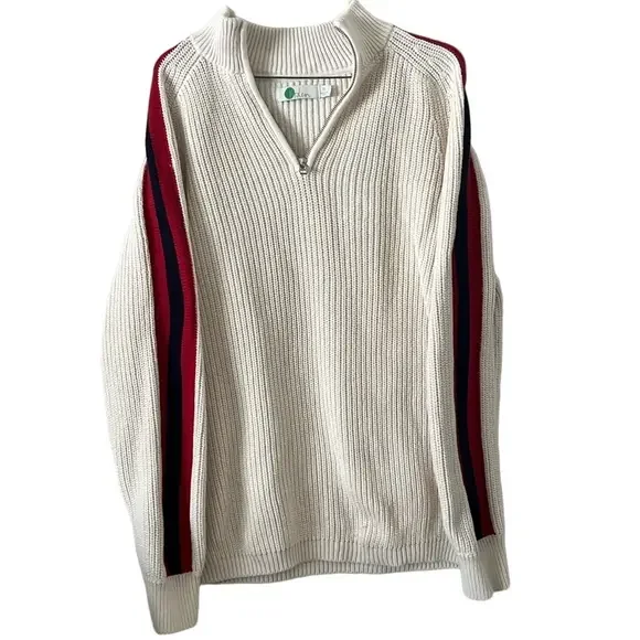 Boden men sweater chunky knit 1/4 zip‎ xl casual office Cream stripe arm
