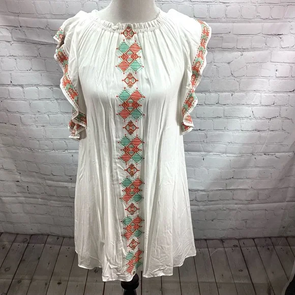 NWT Gianni Bini GB Girls XL White‎ Dress w/Embroidery Flutter Sleeves Lined