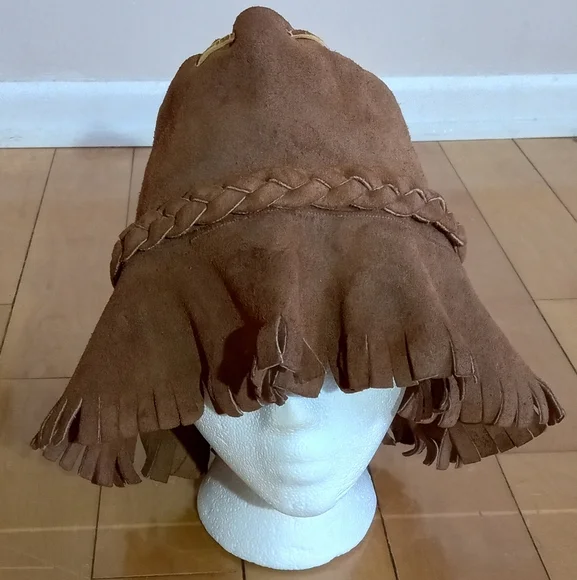 Handmade Vintage Suede bucket hat with leather stitching and braiding unisex