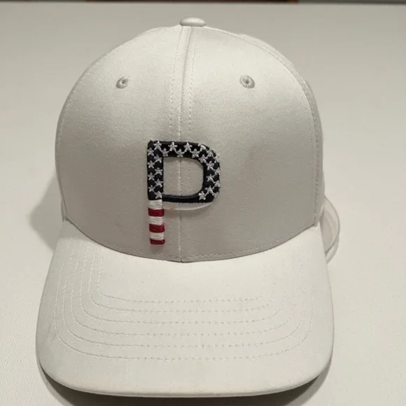 NEW Womens Puma P110 Pars And Stripes Bright White Adjustable Golf Hat/Cap