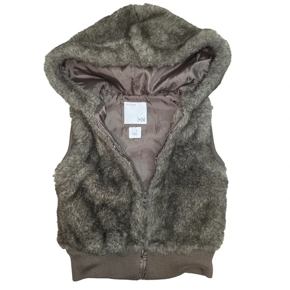 Old Navy Girls Brown Faux Fur Hooded Vest Zip Front Shaggy Size M 8