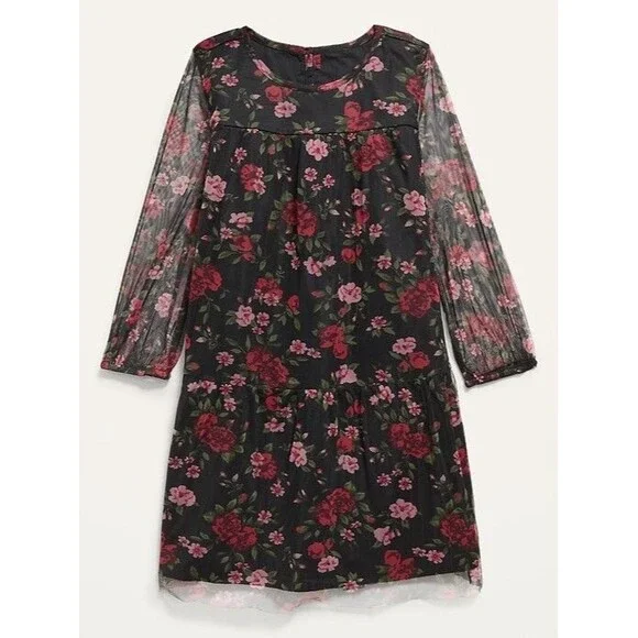 Girl's Black with Maroon Pink and Green Flower Old Navy Dress - Size S 6/7