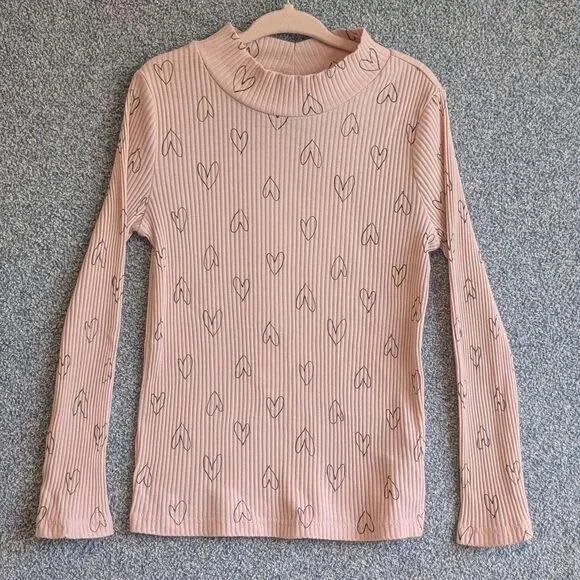 Old Navy Girls Size 5T Pink Heart Rib Knit Mock Neck Long Sleeve Shirt