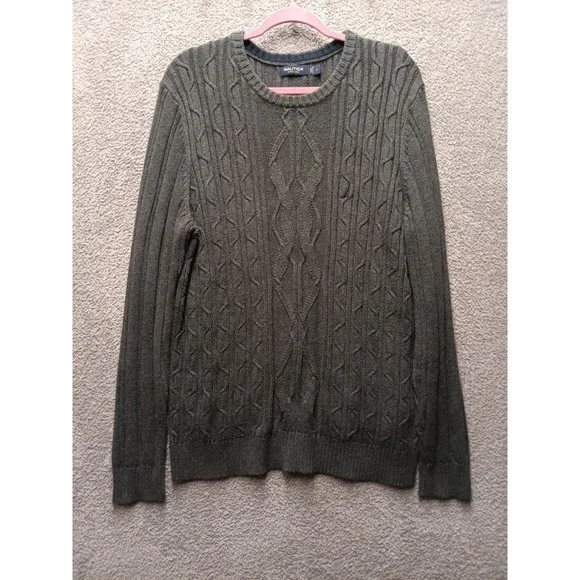 Nautica Men's Sweater Large Gray 100% Cotton Cable Knit Crewneck