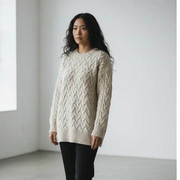 Fat Face Womens Cable Knit Sweater Cream Oatmeal‎ Marl Crew Neck Longline Size 8