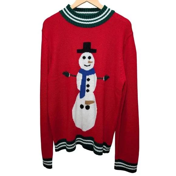 Men's XL Snowman Red Christmas Sweater‎ Long Sleeve Green White Stripe Collar