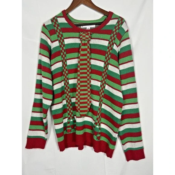 Jolly Mens Dorky Suspenders &‎ Tie Ugly Christmas Sweater Size L Elbow Patches