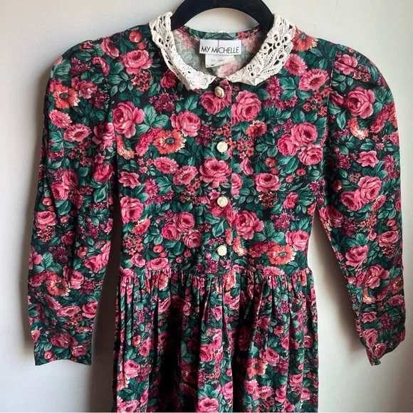 My Michelle Girls' Green Floral Lace-Collar Dress - Pink Roses - 10