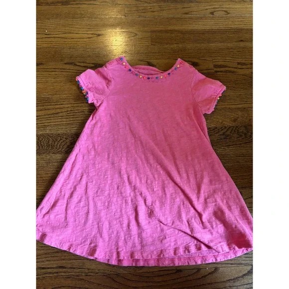 Boden Girls Pink Cotton Jersey Dress Rainbow Pom Pom Trim Summer 4-5Y