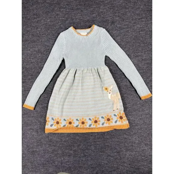 Cynthia Rowley Girls Medium 7/8 Knit Cotton Sweater Dress Deer Floral Hem