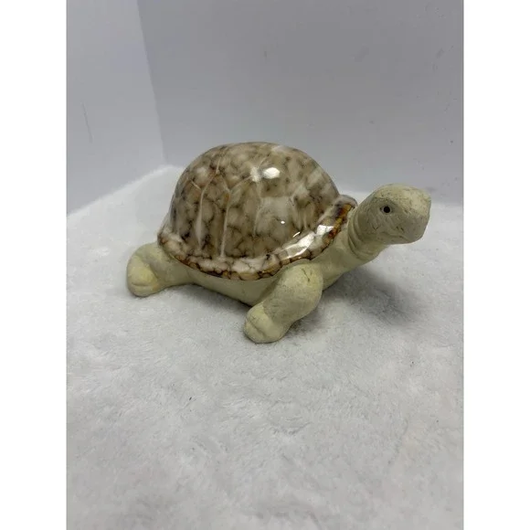Turtle Figurine Glossy Shell Handcrafted Tan Brown Carmel‎ Ceramic Sculpture