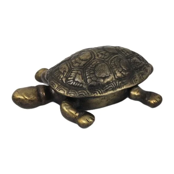 Antique Solid Brass Turtle Tortoise Hinged Trinket Box Etched Shell Patina 4.5