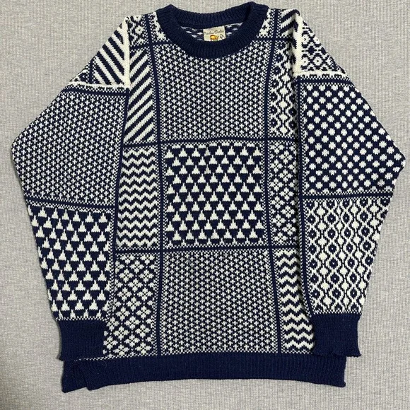 Rainbow Woollies Pure Falkland Wool Crewneck Sweater Patchwork Geometric Mens M