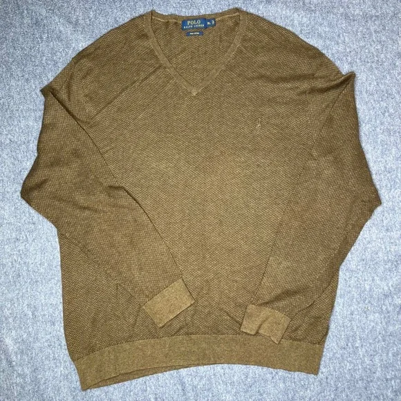 Polo Ralph Lauren Mens V Neck Sweater Brown Pima‎ Cotton Textured Knit XL Hole