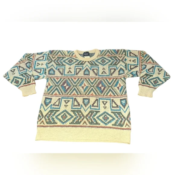 Vintage Woolrich Cream Crewneck Sweater with Teal, Navy & Brown Aztec Pattern