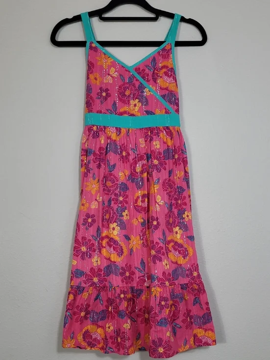 Vintage Bloom Girls Floral Dress Size 12/14 Pink Metallic Fit Flare Cottagecore