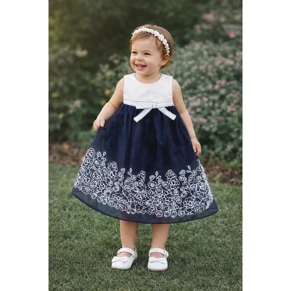 Navy Sheer Embroidered Floral Dress Size 24M Baby Toddler Classic‎ Formal Sweet