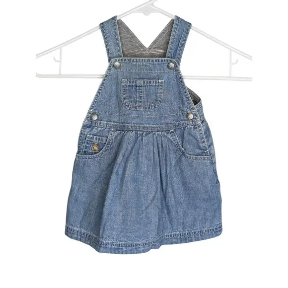 Vintage Baby Gap Y2K Denim Jumper Overall Dress Sz 3-6 Mos Teddy Bear Logo Lined