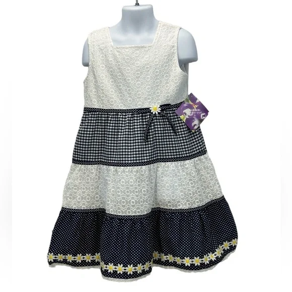Blueberi Boulevard Sleeveless Plaid Sun Dress - Navy Blue White - size 6X