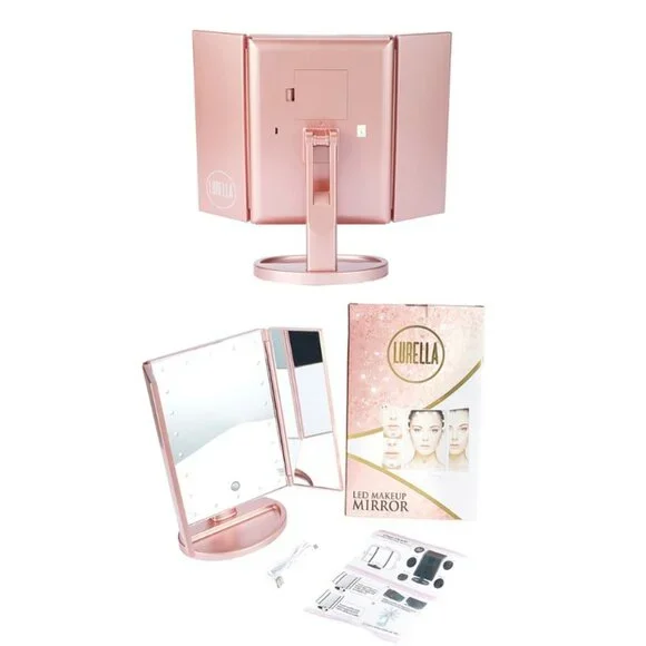 LED Lights Make Up Table Mirror 180 Degrees For Women's - Rose Gold