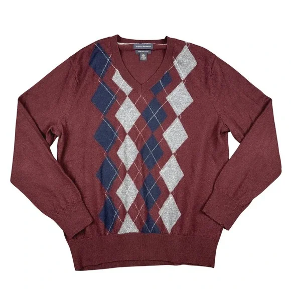 Banana Republic Sweater Mens L Burgundy Argyle Extra Fine Merino Wool V-Neck