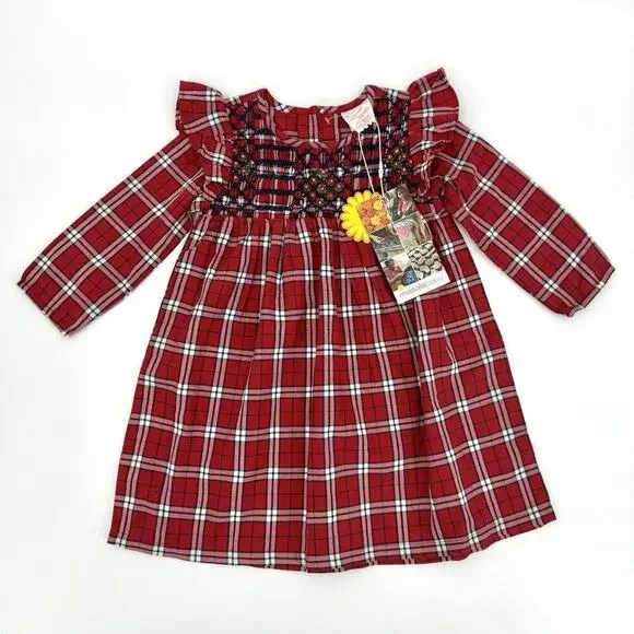 Masalababy Size 18-24 Mos. Red Tartan Plaid Smocked Top Cotton Ruffle Dress NWT