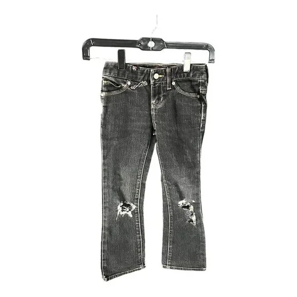 Old Navy Girls Black Boot Cut Denim Jeans Size 6 Adjustable‎ Waist Distressed