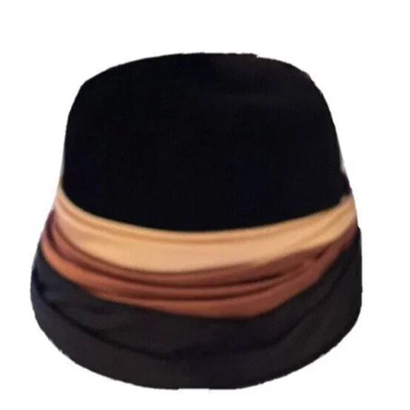Vintage Royal Deluxe Velour Clothe Hat Black with Brown and Cream Satin‎ Ribbon