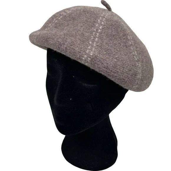 Vintage SCALA 100% Wool Beret Hat Cap Taupe Cream‎ Striped Thick Knit Nuetral