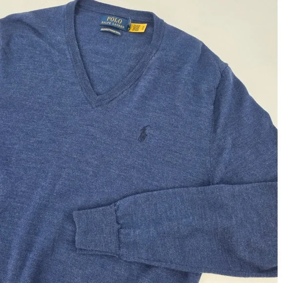 POLO RALPH LAUREN MERINO WOOL SWEATER MENS SMALL BLUE V NECK WASHABLE PREPPY