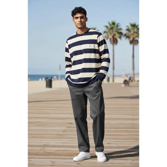 IZOD Men's M Windowpane Cotton‎ Sweater in Midnight/Cream Rugby Stripe NWT