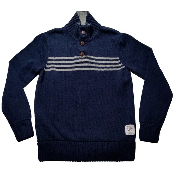 AEROPOSTALE Men Medium Blue Henley Mock Neck Cotton‎ Acrylic Blend Sweater