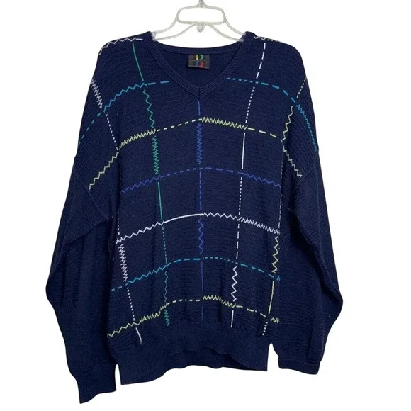 Vintage Baffo Navy‎ Knit Sweater Large L Grandpa Core Retro Abstract Geometric